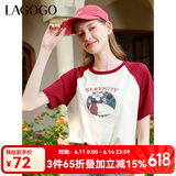 lagogo卡通印花撞色T恤女拉谷谷春季新款纯棉透气插肩短袖上衣 米红(TH) L