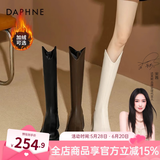 达芙妮厚底V口长筒靴女2024秋冬新款女靴高筒靴显瘦百搭增高骑士靴子女 黑色【加绒款】 37