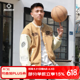 准者棒球服外套男装2025春夏新款美式复古PU皮袖休闲宽松运动夹克开衫 卡其色【常规款】 XL