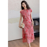 德玛纳【单侧打揽工艺】夏季国风新中式包袖收腰修身压褶印花女式连衣裙