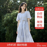 茵曼（INMAN）夏季法式收腰提花肌理女装方领连衣裙文艺风泡泡袖裙子 蓝色 M