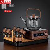 正扬电陶炉煮茶器胡桃木电茶炉玻璃泡茶蒸煮烧水壶功夫茶具套装家用小 胡举物如意提六竹环+架长琴黑
