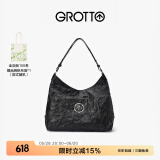 GROTTO个乐黑石hobo大号植鞣绵羊皮腋下单肩斜挎包礼物 经典黑L（银标）