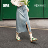 森马（Semir）森柔牛仔|牛仔半身裙女毛边潮流夏季显瘦复古开叉直筒裙个性 牛仔浅蓝88101 M