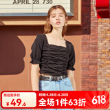 西遇复古方领针织短袖女2024年夏季新款褶皱高腰短款t恤女纯色小个子 黑色(D0300873) S