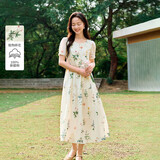 茵曼（INMAN）夏季植物碎花印花全棉女装圆领连衣裙百搭裙子  杏色-连衣裙  L