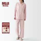 无印良品 MUJI 女式无侧缝双层纱织睡衣纯棉全棉 FDA20C1A 女士家居服套装 粉红色格纹 S-M