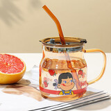 拜杰牛奶杯早餐杯高硼硅水杯杯子小女孩玻璃水杯带盖带吸管500ML