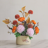 时鸟新款仿真轻奢假花客厅餐桌电视柜冰箱装饰插花花艺家居摆件花 夕阳橘+life仿瓷PVC塑料盆 设计师设计新款仿真花