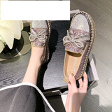 百丽踏潮牌时尚厚底单鞋女百搭时尚水钻亮片一脚蹬松糕厚底蝴蝶结乐福鞋 粉色号码偏小 42