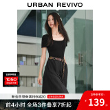 UR女装新复古回潮风拼接梭织修身长款连衣裙UWG740038 正黑 S