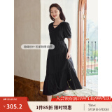 茵曼（INMAN）法式薄荷曼波连衣裙2024夏女装新品V领灯笼袖抽绳 午夜黑 S