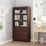 祺汇实木书柜储物柜一体家用客厅靠墙展示柜置物架带玻璃门整墙落地柜 三层三抽丨胡桃色60*24*高180cm
