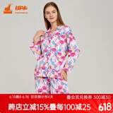 铜牛春夏汗布长袖开襟印花女套女士棉翻领睡衣家居服套装 VJ058 妙笔生花-白-粉 M (165/90)