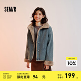 森马（Semir）牛仔棉服女拼接毛领美式复古2024冬宽松毛边夹克街头潮流 牛仔黄泥染80325 M 160/84A