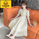 G.DUCKKIDS女童连衣裙儿童沙滩裙子长裙公主纱裙雪纺夏装2023新款中大童女孩 淡黄色 150