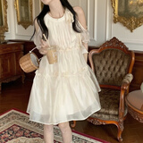 小野七天小个子连衣裙法式度假风露肩圆领温柔气质甜美初恋仙女风裙子 米白色 漏肩 M