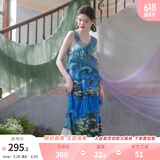 两三事度假超仙的裙子女夏季紫色油画艺术吊带海边连衣裙云雾睡莲 蓝色 S