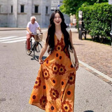 乐卡利海边沙滩裙连衣裙吊带女夏季长裙子度假氛围海岛旅游穿搭波西米亚 橘色V领印花吊带长裙 M 90-105斤