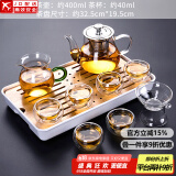 正扬玻璃茶具套装家用日式功夫简约整套茶盘小办公泡茶壶茶杯透明过滤 400不锈钢(六双层)套装+长方条白