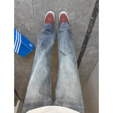 卡图弛闪电竹节纹微喇牛仔裤男春秋季宽松潮流直筒美式高街vibe工装裤子 蓝色 3XL