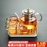瓷牌茗茶具 玻璃茶具套装家用功夫茶具带过滤内胆泡茶壶茶杯盖碗整套茶具 金盖雅趣壶金色杯5件+小四盘