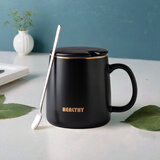 瓷魂陶瓷马克杯带勺盖咖啡杯牛奶杯早餐杯办公杯男女茶杯黑色400ml