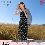 三彩2024秋款压褶碎花雪纺裙印花吊带无袖方领连衣裙内搭气质 黑色 S 155/80A
