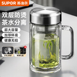 苏泊尔（SUPOR）双层玻璃杯茶杯高硼硅男士商务水杯带把办公泡茶大容量商务办公男 流光银570ML【双层防烫 赠茶滤】