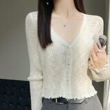 瑟空（SEKONG）2025春秋新款冰丝短款针织开衫百搭披肩外搭罩衫空调衫小外套YYN 木耳边 白色 均码