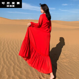 菲洛曼（FEILUOMAN）适合草原拍照连衣裙长裙女新疆青海湖稻城亚丁沙漠旅行衣服大摆裙 红色（加长款130裙长） 2XL 【126-140斤】