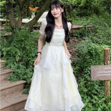 简拉熊连衣裙法式茶歇夏季2025新款温柔风气质设计感方领收腰显瘦夏天裙 米白色M【80-100斤】