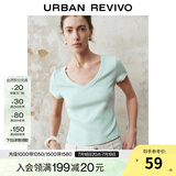 UR2025春季新款女时尚基础纯色修身短款V领短袖T恤UWB450004 白绿 L