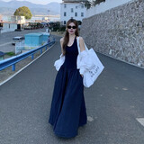 尔山集藏青色辣妹工字吊带连衣裙女夏季修身大摆裙子设计感收腰a字长裙 藏蓝色 M