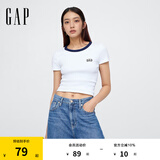 Gap女装2025春季新款刺绣logo撞色圆领修身短袖T恤上衣美版727444 白色 XXS 美码  S亚洲码160/80A