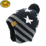 G.duck儿童帽子秋冬季男童潮套头针织帽温暖护耳帽皮标加绒毛线帽新款 白色五星藏蓝底 标号53-55厘米建议7-12岁