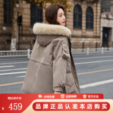 鸭鸭真毛领羽绒服女时尚短款工装派克服女款时尚加厚保暖外套DLY 卡其 M