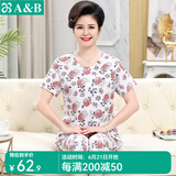 AB春夏薄纯棉印花中老年圆领开衫短袖中裤套装家居服睡衣女全棉 红菊 2XL