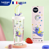 乐美雅钢化耐热变色吸管杯带刻度玻璃水杯果汁牛奶杯 里尔独角兽425ml