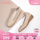 金利来（goldlion）女鞋坡跟皮鞋时尚圆头牛皮浅口一脚蹬单鞋女 G662320016杏色39