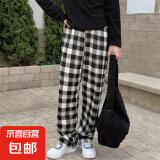 复古格子裤新款女阔腿裤保暖高腰直筒韩版学生休闲裤 白格子 加绒 均码 (80-150斤)