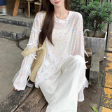 妙奕嘉防晒罩衫白色长袖t恤女士夏季2026新款宽松t恤衫上衣空调打底衫 多巴胺印花罩衫薄款T恤 M 【建议100斤以内】