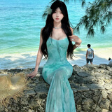 哈鲁迪法式性感吊带连衣裙女2025夏季纯欲风收腰显瘦包臀海边度假鱼尾裙 绿色 均码 （95斤以内）不带胸垫款