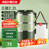 爱仕达（ASD） 保温饭盒 食品级304不锈钢外分层大容量成人多层便携学生便当盒 绿色2.2L三层饭盒+便携保温袋