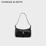 CHARLES&KEITH复古仿油蜡皮单肩斜挎腋下包生日礼物送女友CK2-20782621 Noir黑色 S