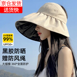 奢华罗防晒帽女士遮阳帽黑胶贝壳太阳帽渔夫帽子夏季遮脸防紫外线大帽檐 （90%用户购买）米白色-赠防风绳
