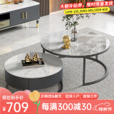 左客左家（ZUOKEZUOJIA）意式简约岩板面圆形茶几客厅家用茶几桌现代小户型小茶几边几组合 亮面|50白+70灰|黑柜单抽茶几