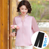 情罗兰妈妈装夏装中老年女装套装短袖T恤雪纺衫裤子两件套40-50岁中年人 粉色【+黑裤】 3XL （建议115-130斤）