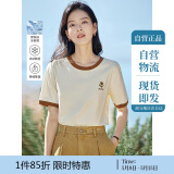 茵曼凉感撞色绣花女装正肩短袖t恤2025夏季新品打底衬衫上衣 梨花杏 L