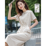 德玛纳【治愈感纯棉】夏季工装风立领连袖翻折调节腰小个子女式连衣裙